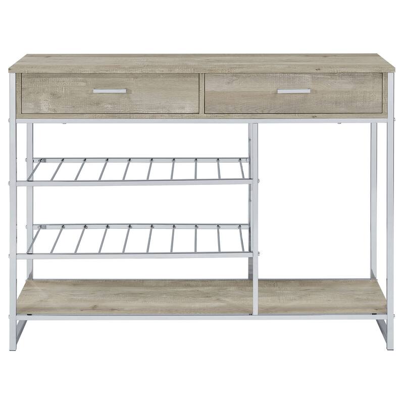 Mel 48 Inch Wine Rack Bar Sideboard, 2 Drawers, Shelves, Gray, Chrome Metal