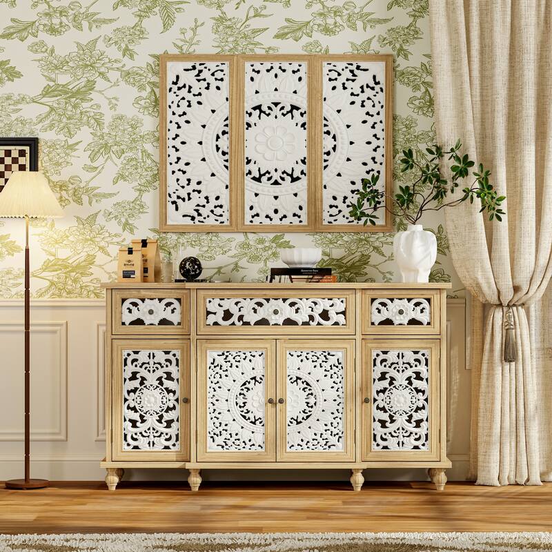 Booksheves Boho Entryway Display Cabinet w Wall Décor White Hollow Carved Panels Sideboard