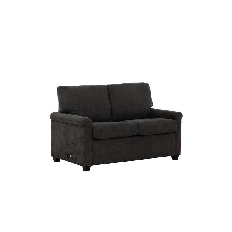 54 Inch Plush Convertible Sofa Bed with Rolled Arms, USB Ports, Dark Gray