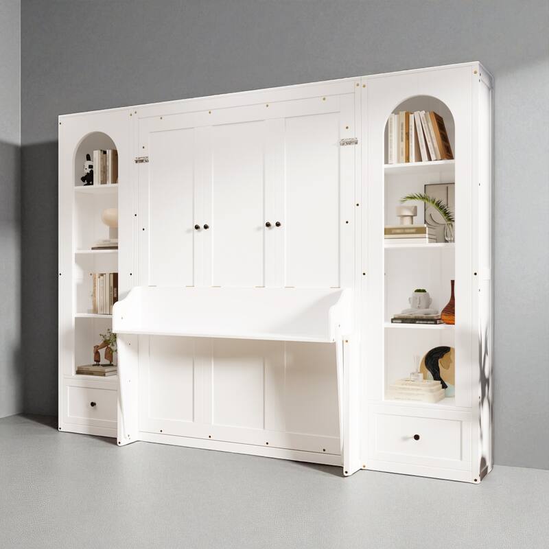 Queen Size Murphy Platform Bed with LED Shelves, Side Cabinets, Desk Panel and Storage Drawers