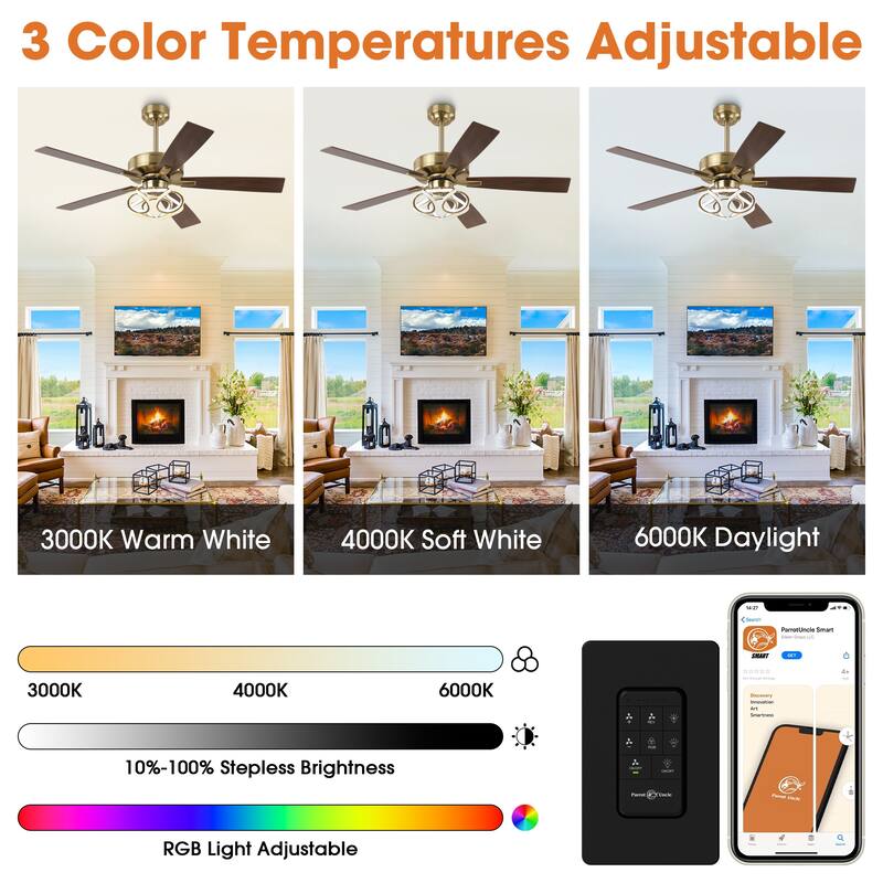 52" Modern Gold Smart Dimmable RGB Ceiling Fan with Light and Remote and App Control