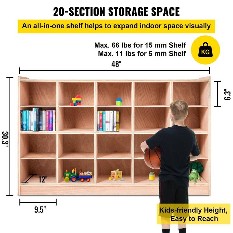 Kids Wooden Storage Cubby with 20 Compartments and Natural Finish Birch Plywood Organizer - 48 x 12 x 30.3 Inch