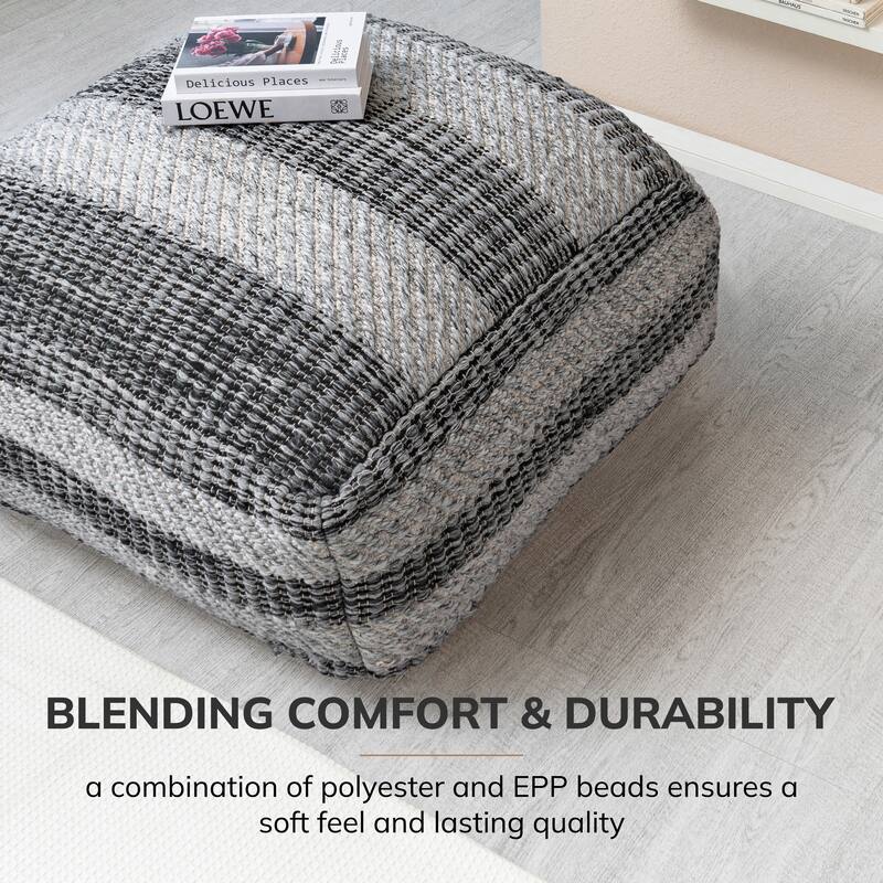 Jani Honolua 34-inch Gray Square Oversized Pouf Ottoman - Modern Footrest for Living Room, Bedroom