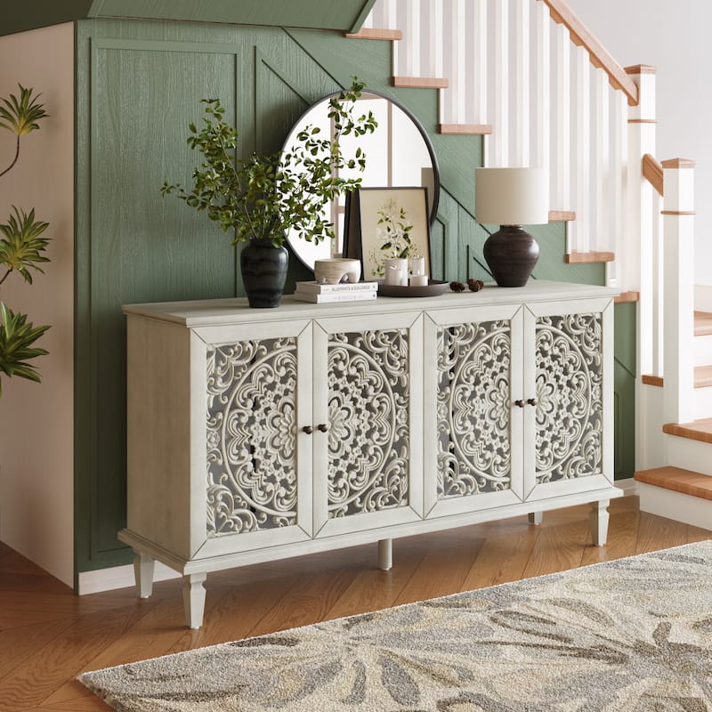 Antique Buffet Cabinet, 60" Accent Storage Cabinet Entryway Console with Floral Carvings, Wood Legs, Adjustable Shelves聽