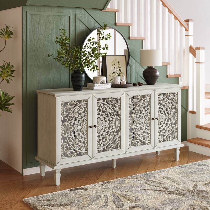 TV Stand Sideboard, Buffet Cabinet with Floral Carvings, Wood Storage Cabinet with Adjustable Shelves