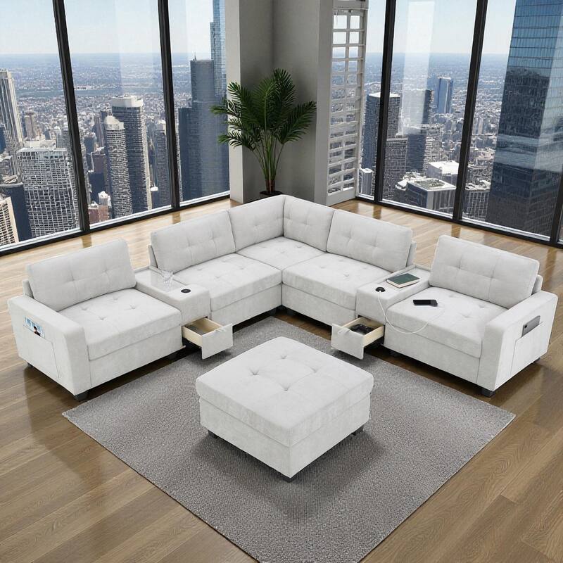 104" Chenille U-Shaped Sectional Sofa with Acrylic Table Tops 2 Consoles Storage Drawers USB Charging Movable Ottoman - Light Grey