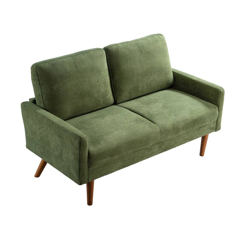 Velvet Upholstered Loveseat Sofa, Small Loveseat Sofa Couch with Rubber Wood Legs, 2 Seater Couch with Throw Pillow