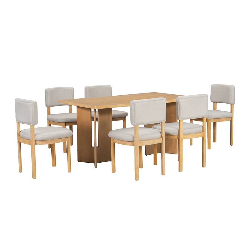 Roomfitters Farmhouse Dining Table Set for 6, 60" Rectangular Wood Table with Upholstered Chair & Cutout Legs