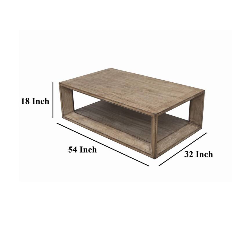 Limy Coffee Table, 54 Inch Rectangular Top, Shelf, Antique Brown Wood