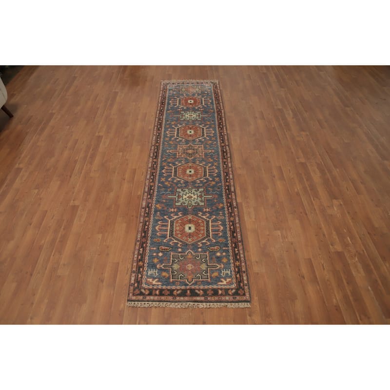 Hand Knotted Oriental 100% Wool Carpet Traditional Geometric Navy Blue & Blues Kazak Area Rug - 10' 1'' X 2' 6''