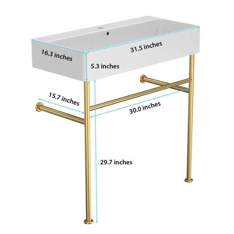 32" Freestanding Bathroom Console Sink with Ceramic Basin, Overflow, Black Metal Legs, and Drain Kit Included