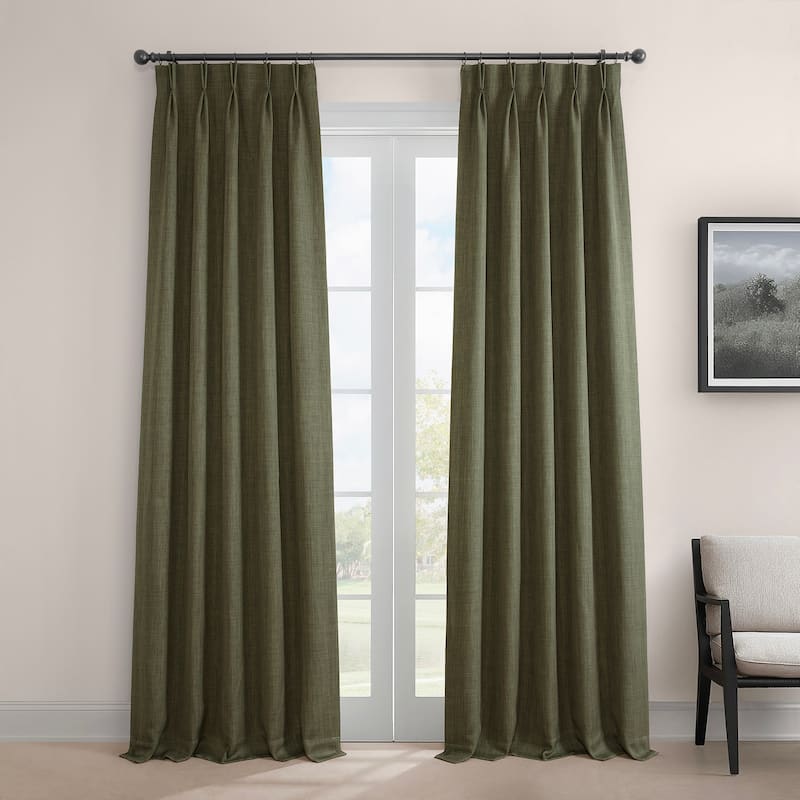 Exclusive Fabrics French Pleated Textured Faux Linen Room Darkening Curtains for Bedroom & Living Room Curtains Single Panel - 25 X 84 - Khaki Green