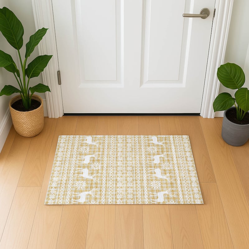 Premium Washable Super Soft Christmas Reindeer Mayfield Rug - Gold - 1'8" x 2'6"