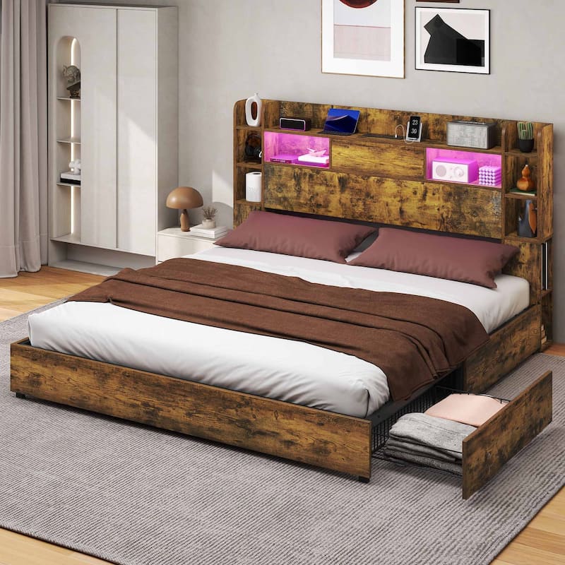 Queen/King Size LED Bed Frame with Bookcase Headboard, 4 Storage Drawers and Charging Station - Brown - King