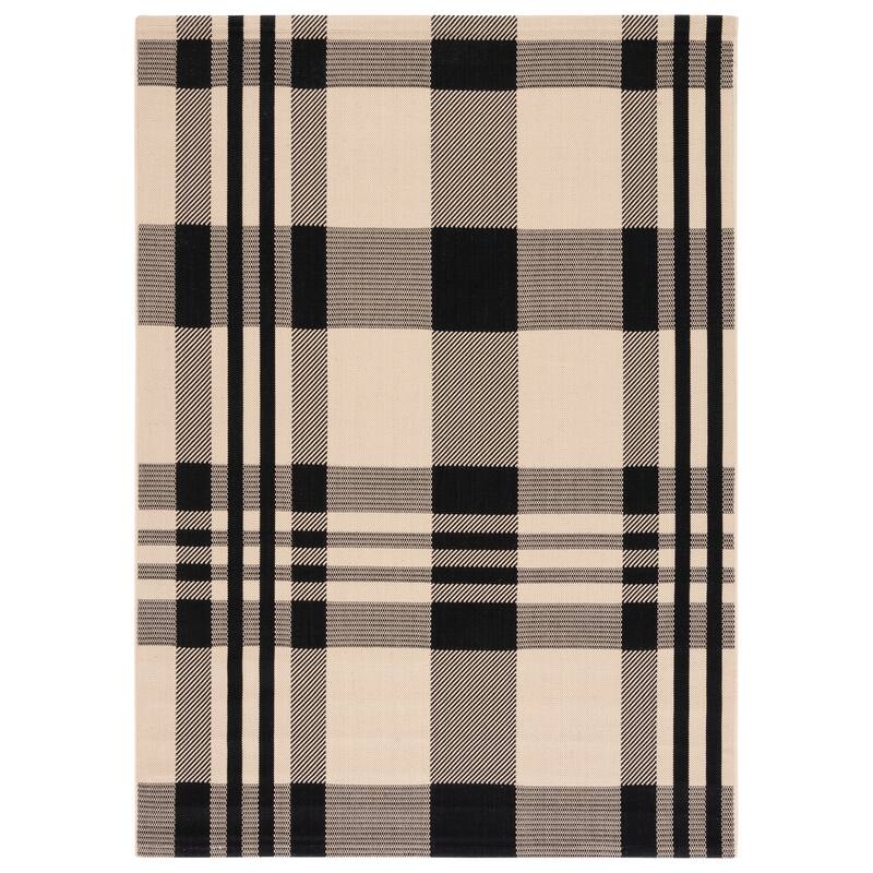 SAFAVIEH Courtyard Oriole Plaid Indoor/ Outdoor Waterproof Patio Backyard. - 7'10" Square - Black/Bone