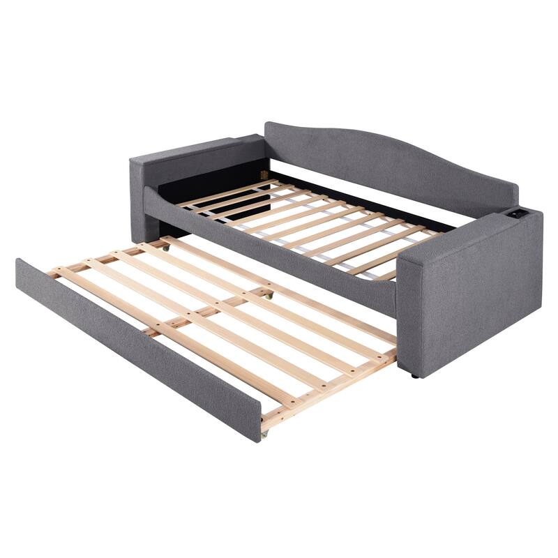 Upholstered Daybed with Storage Armrests,Trundle and Latest Integrated Bluetooth Audio System