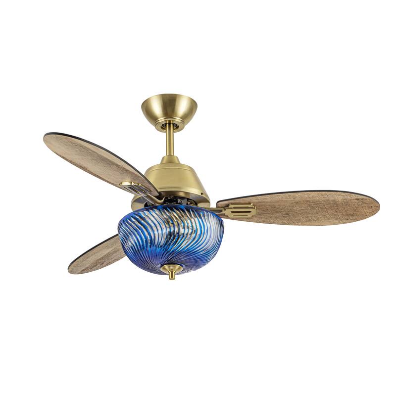 Coco River of Goods 3-blade 42-inch Glam Indoor Ceiling Fan with Blue Hand-Cut Glass Shade and Remote Control