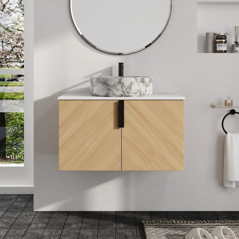 Malwee 30"/36" Floating Bathroom Vanity, Wall Mounted Bathroom Vanity with Ceramic Sink and Soft Close Door - Beige-White with Grey Patterns Sink - 29.5"×18.9"×21.8"