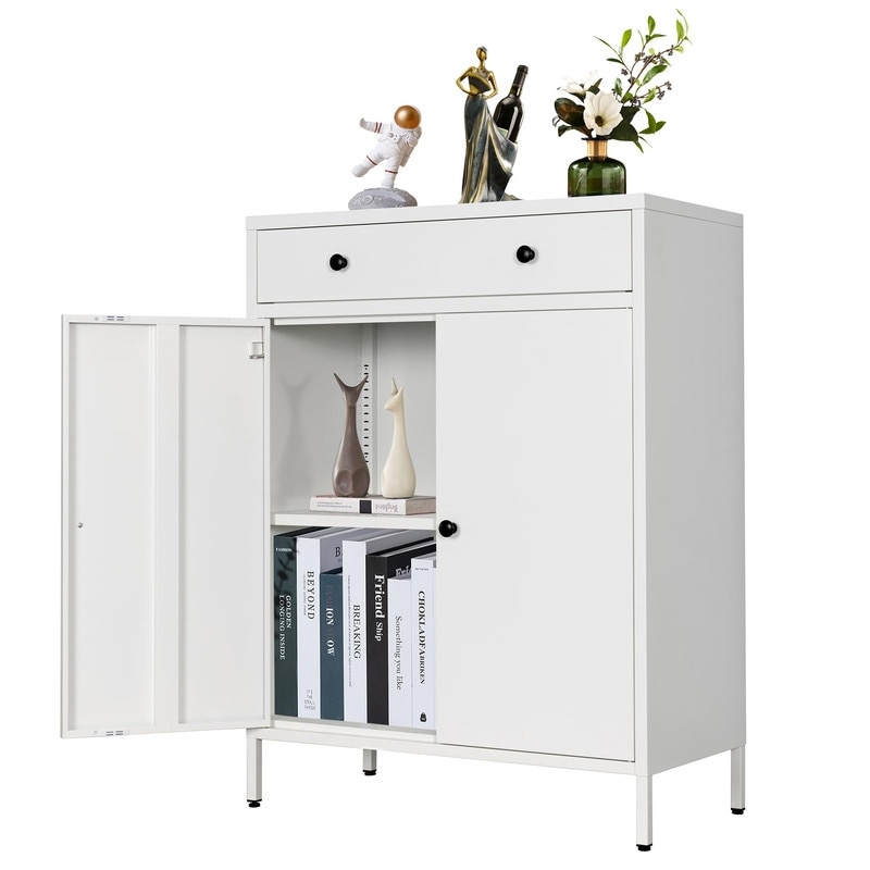 Metal Storage Cabinet with Drawer and Doors - 14"D x 25.6"W x 35.4"H