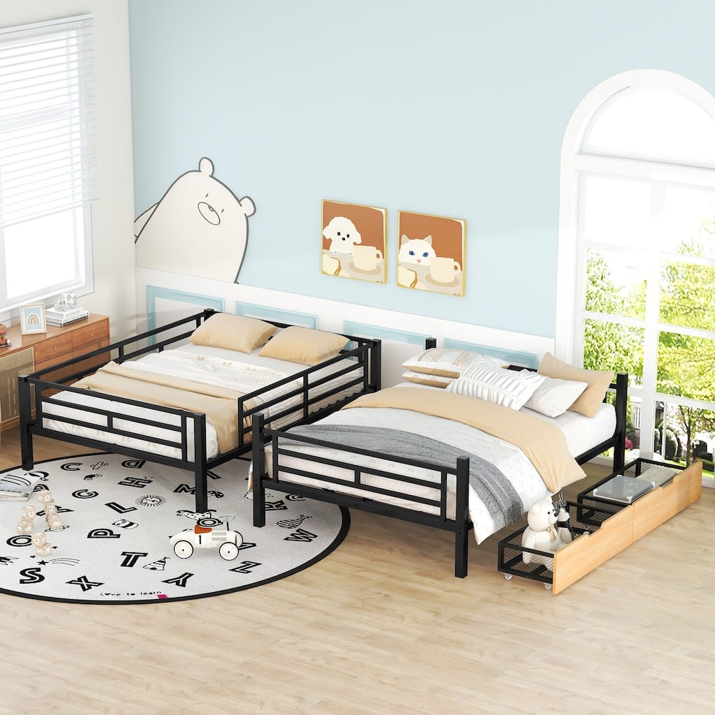 Full Size Convertible Metal Bunk Bed with 2 Drawers and Ladder, Space-Saving Design