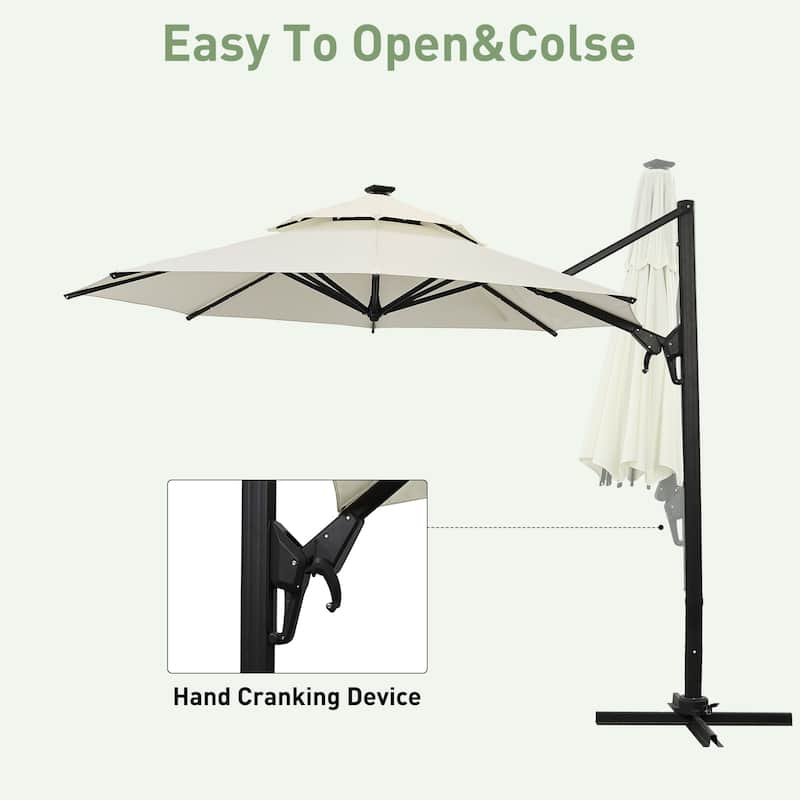 Autlaycil 10FT Cantilever Patio Umbrella with Solar Lights Included Base 360 Rotation Large Offset Hanging Outdoor Shade
