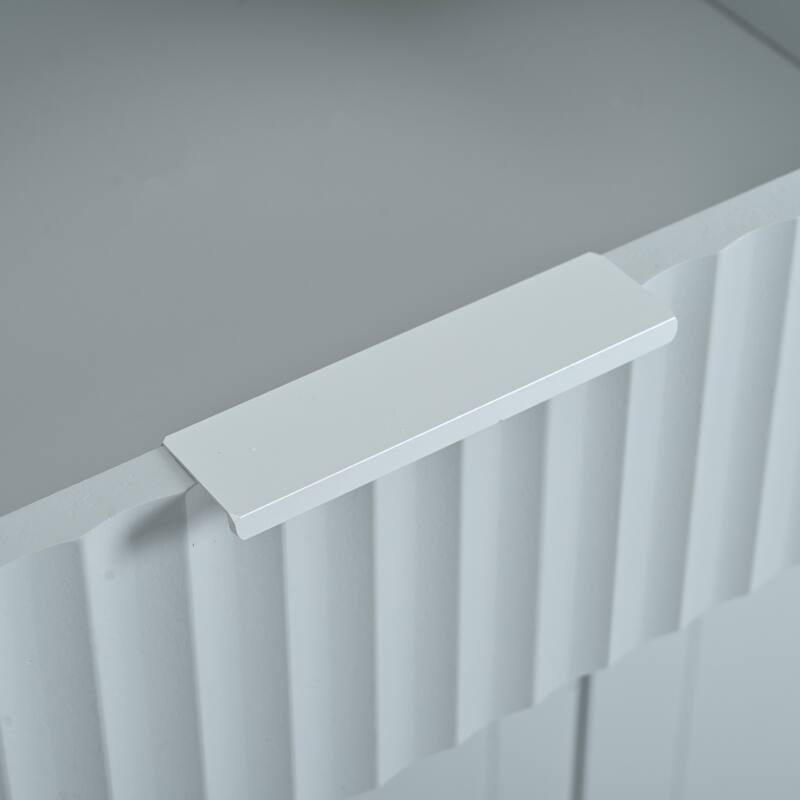 48.50'' Fluted Kitchen Island with Power Outlet, Rolling Wheels, 3 Drawer, 3 Open Side Racks and 10 Gallon Garbage Bin