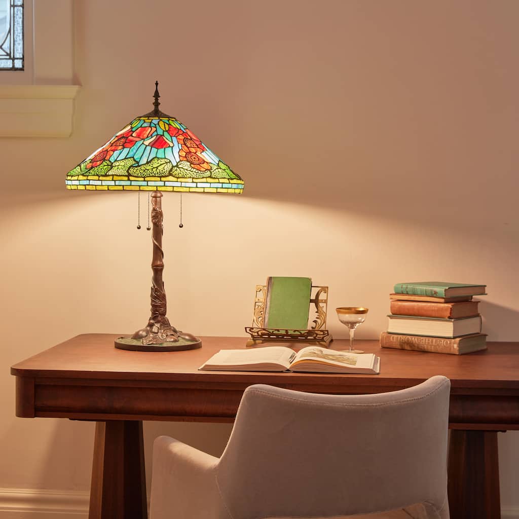 Poppies River of Goods Tiffany-Style Red, Green and Amber Stained Glass 29.5-Inch Table Lamp - 19.5" x 19.5" x 29.5"