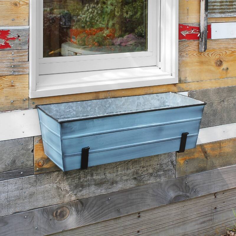 Achla Designs Medium Galvanized Steel Flower Box Planter With Wall Brackets, 24 Inch Wide, Nantucket Blue