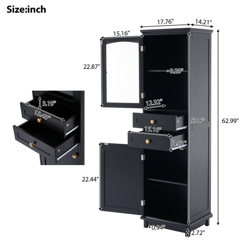 Tall Bathroom Storage Cabinet with Glass Doors and Adjustable Shelves