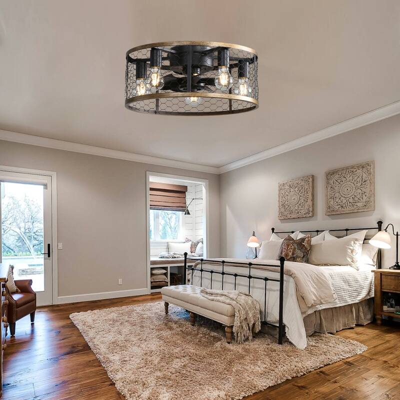 20 Inch Industrial Caged Ceiling Fan, With 7-ABS Blades Remote Control Reversible DC Motor, Small Flush Mount Ceiling Fan