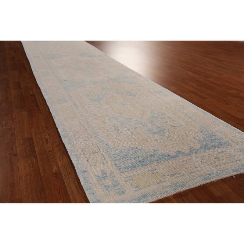 Hand Knotted Oriental 100% Wool Carpet Transitional Geometric Navy Blue & Blues Oushak Runner Rug - 16' 3'' X 3' 4''