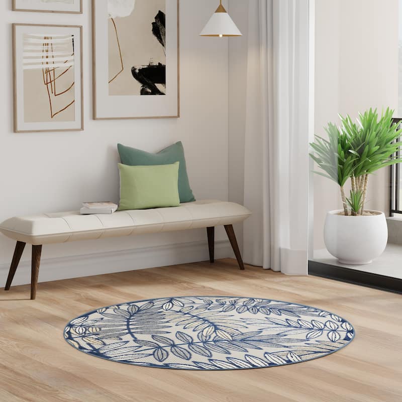 Nourison Alice Indoor/Outdoor Floral Area Rug - 4' x Round - Ivory/Navy