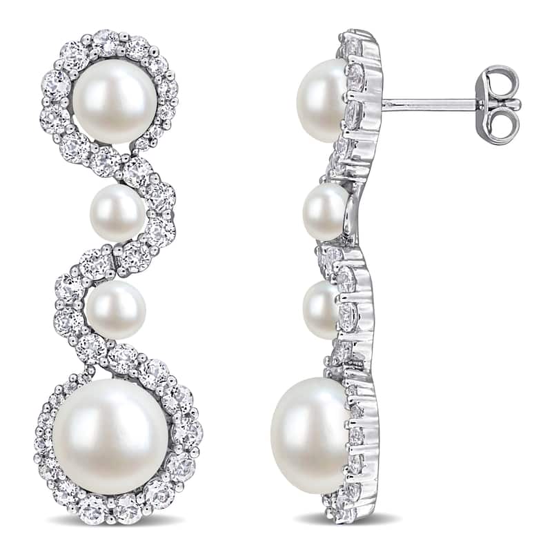 Miadora 4-8.5mm Cultured Freshwater Pearl 3 1/3ct TGW White Topaz Drop Earrings Sterling Silver