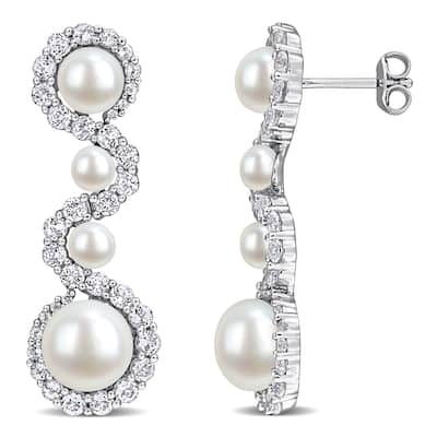 Miadora 4-8.5mm Cultured Freshwater Pearl 3 1/3ct TGW White Topaz Drop Earrings Sterling Silver