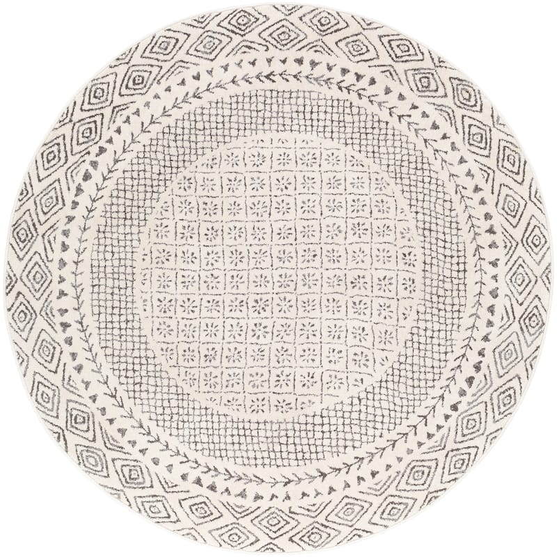 Livabliss Tiffany Grey Bohemian Border Area Rug - 5'3" Round - Medium Grey