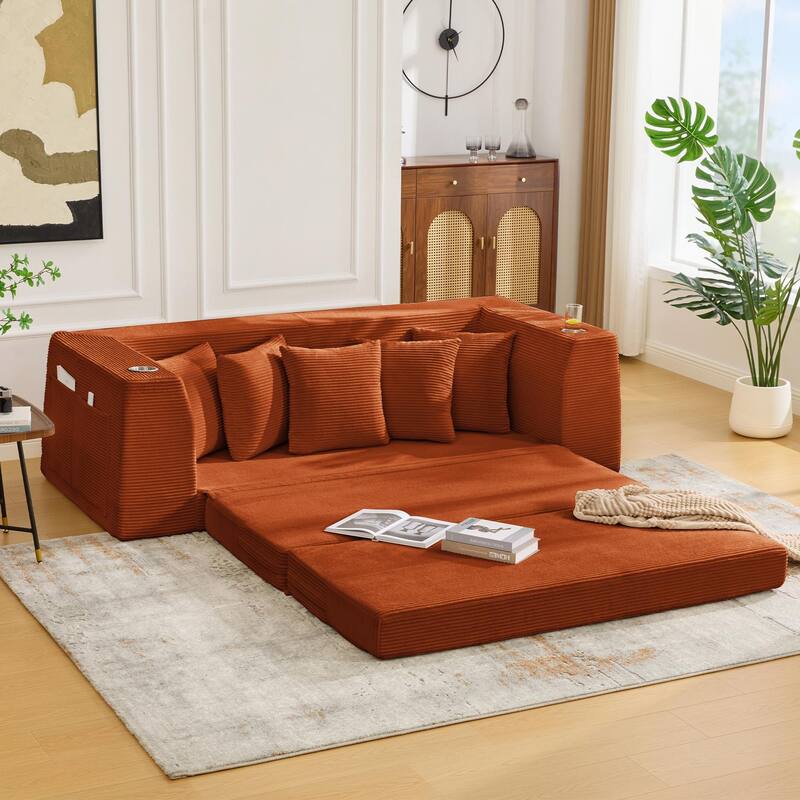 2 in 1 Convertible Sofa Bed, Sleeper Sofa with Storage Pockets, Pull Out Loveseat Couch with Two Cup Holders