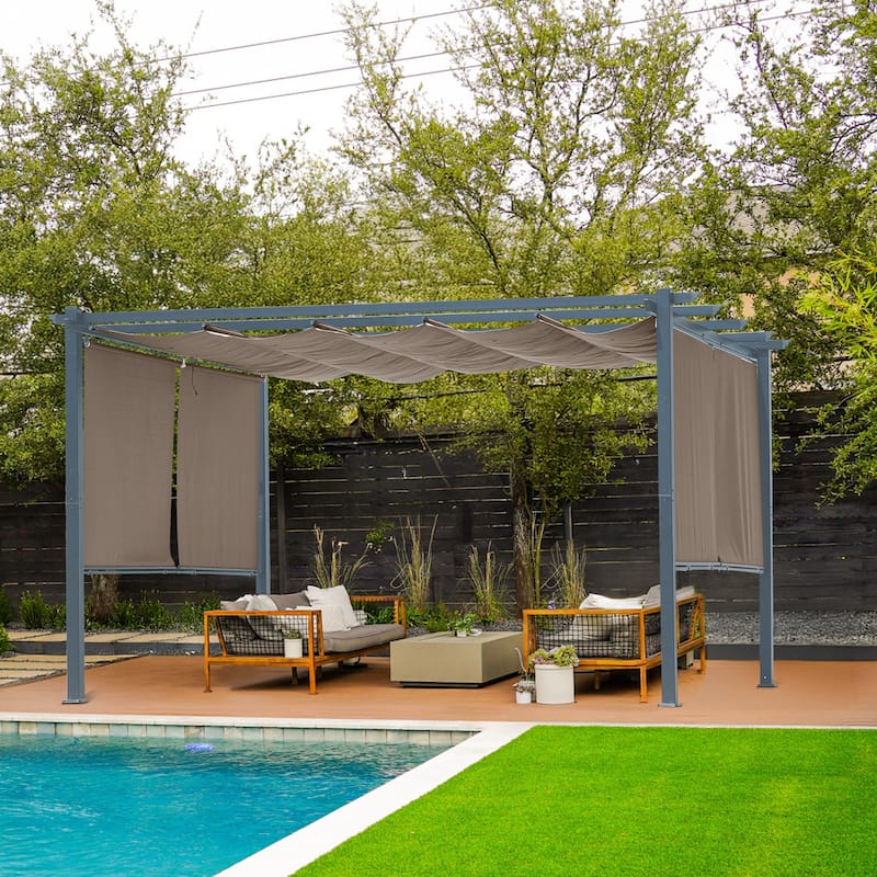 Aoodor 13 x 10 FT Outdoor Pergola with Retractable Shade Canopy, 4 Pieces Roller Shade Curtain - Khaki