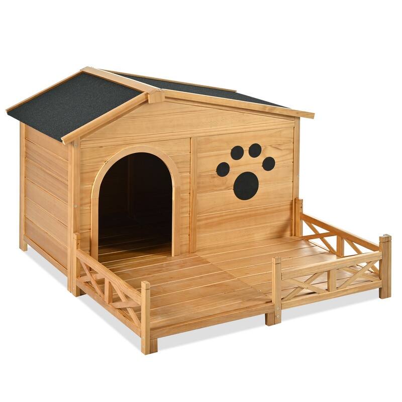 48" Wooden Dog House Outdoor with Porch,Dog Crate with Water-Resistant Asphalt Roof and Fencing