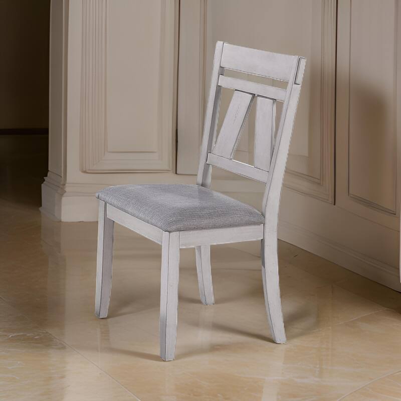 Wooden Side Chair with Fabric Upholstered Seat, Set of 2, White and Gray