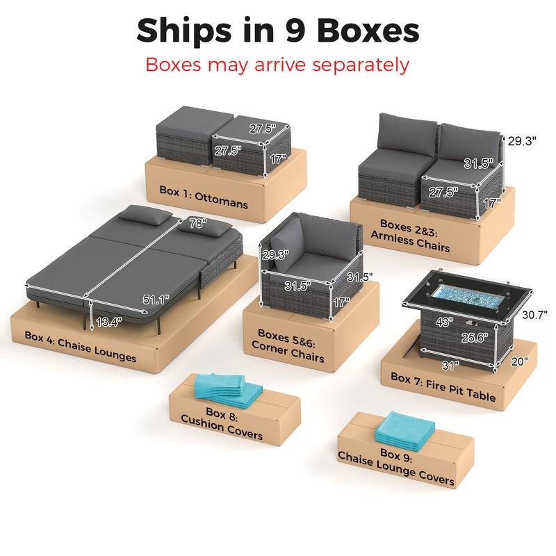 Outdoor Sectional Conversation Set PE Wicker with Double Chaise Lounge, 60,000 BTU Fire Pit Table