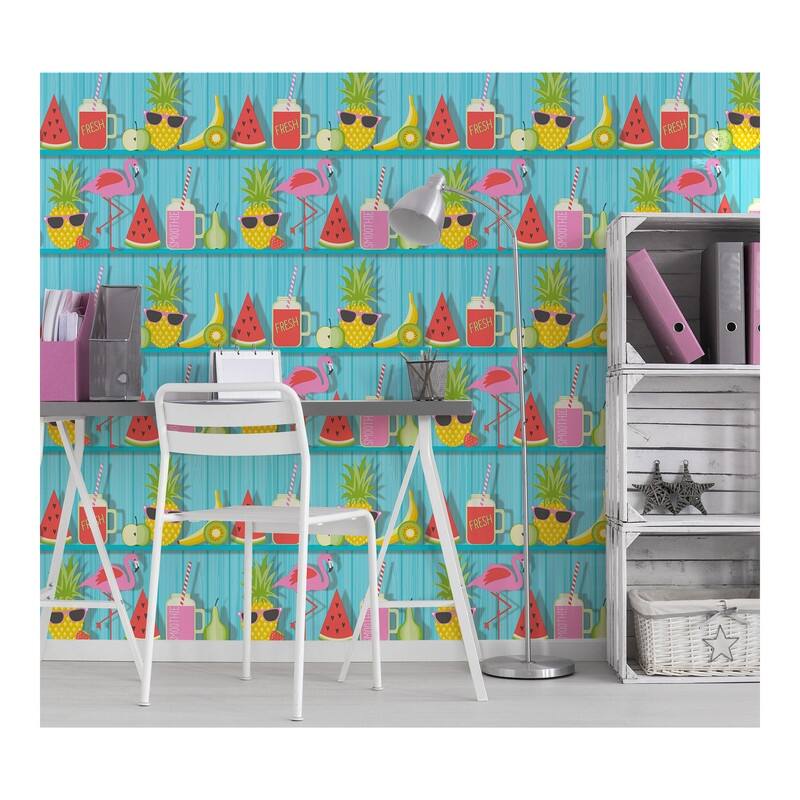 Fine Decor Kids Teal Tropical Shelves Wallpaper