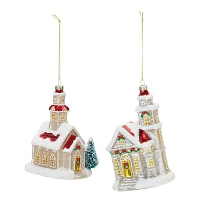 Set of 6 Glittered Glass Church Christmas Ornaments 6.25"