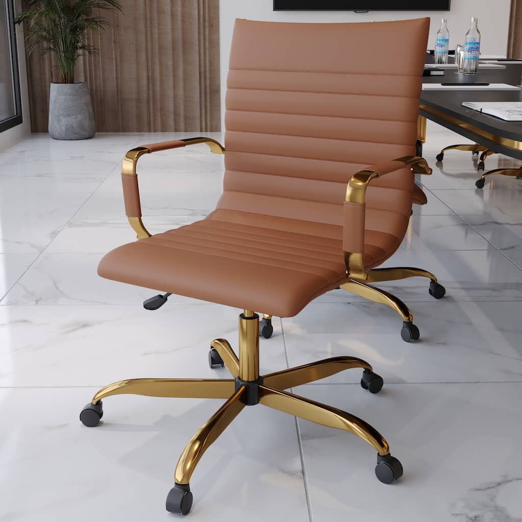 Harris Modern Mid-Back Leather Office Chair with Gold Frame, Padded Seat, Adjustable Height, 360° Swivel and Rolling Casters