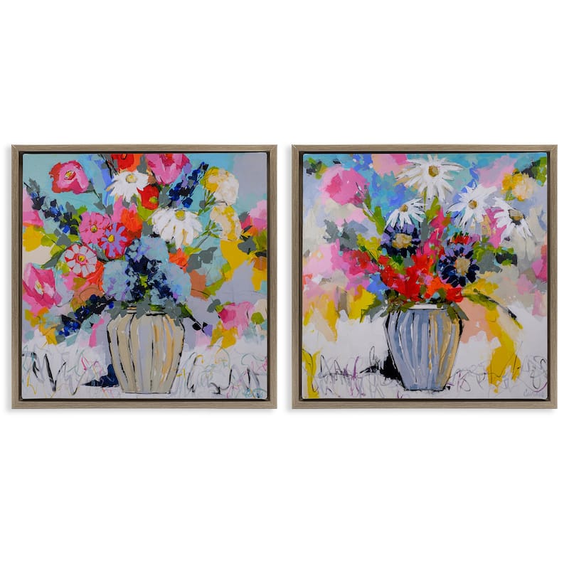 Stupell Vibrant Flower Vase Collection Framed Floater Canvas Wall Art Design By Joan Curtis (Set of 2) - 25 x 25 - Brown