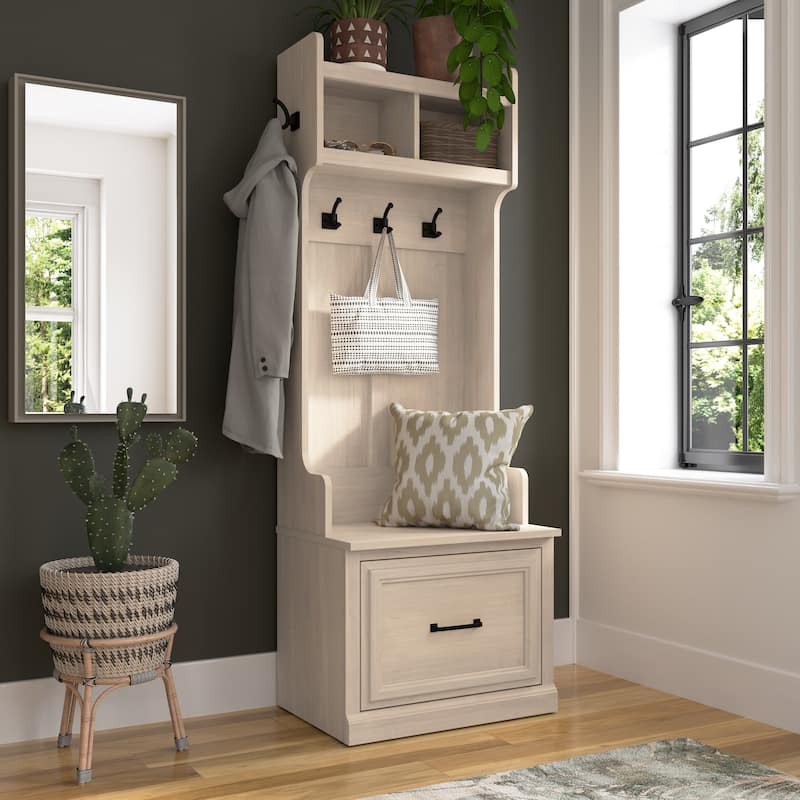 Woodland Hall Tree and Small Shoe Bench with Drawer by Bush Furniture - White Washed Maple