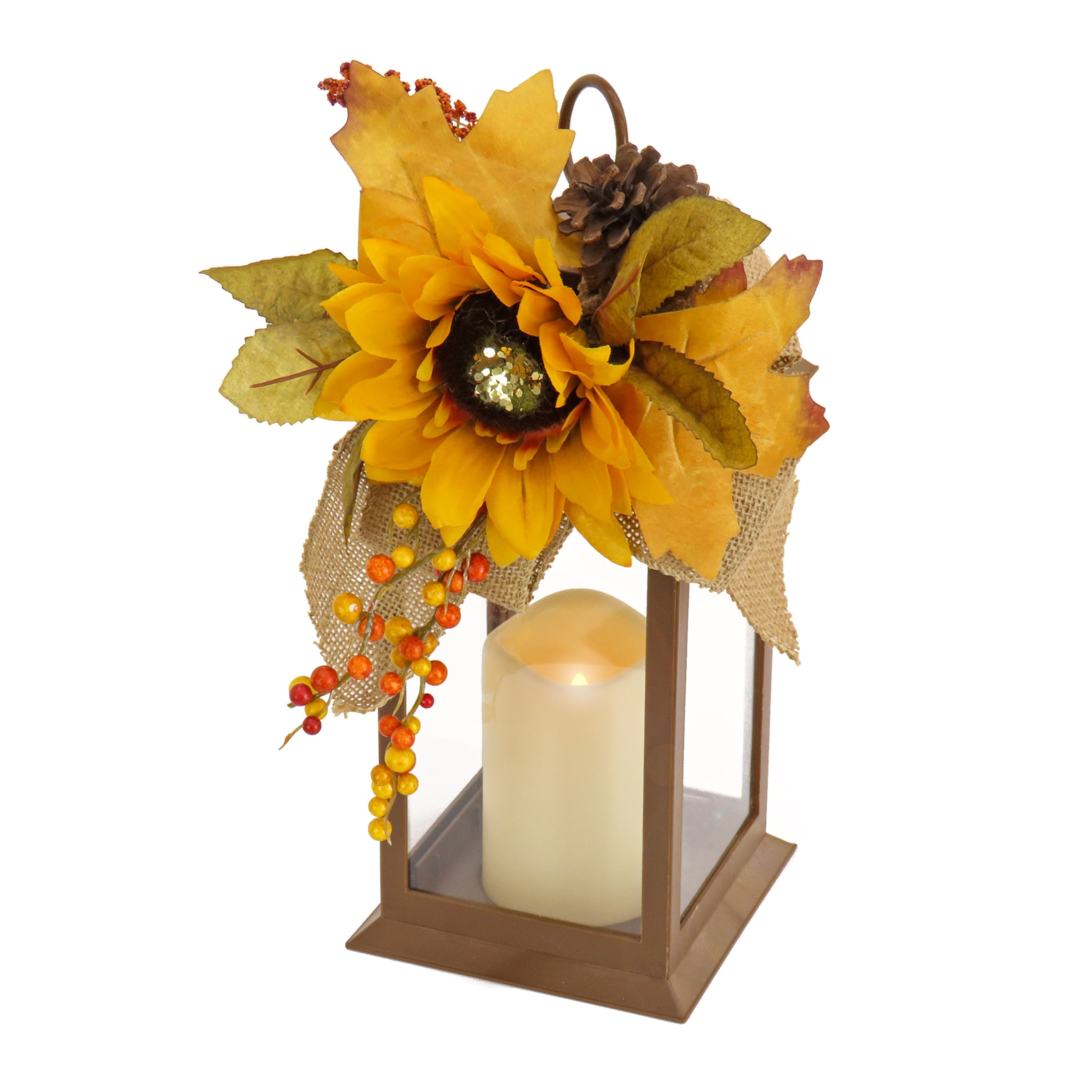 National Tree Company 14 in. Sunflower and Burlap Bow Decorated Harvest Lantern - 14 in