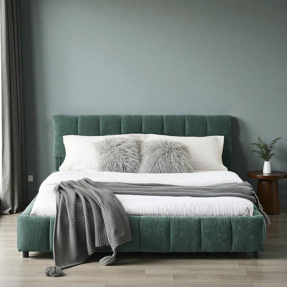 Queen Upholstered Platform Bed with Chenille Fabric, Soft Headboard & Underbed Storage Drawer, Solid Bed Frame