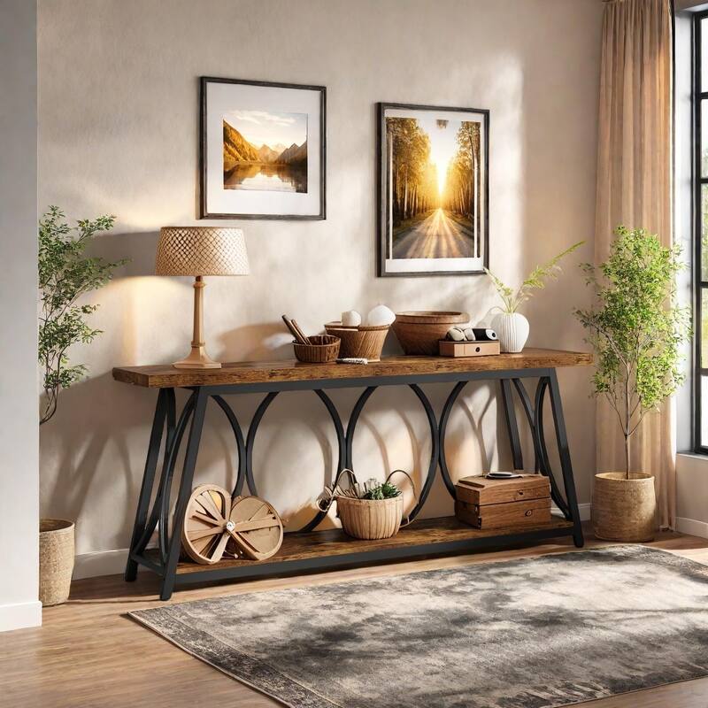 70.9" Extra Long Industrial Console Table Black Metal Frame