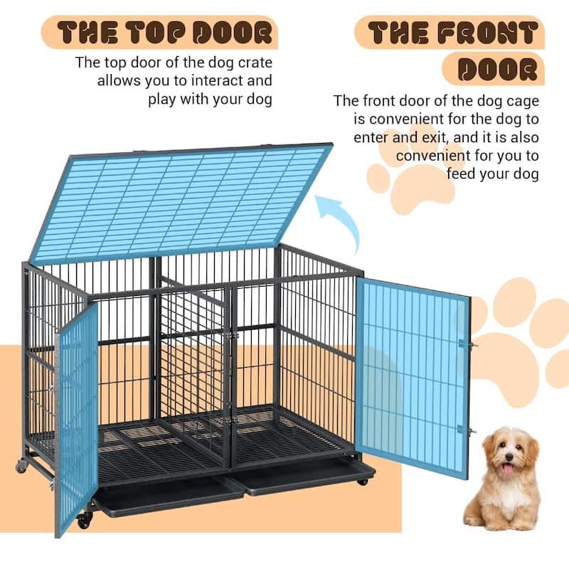 Heavy Duty Dog Crate, Escape-Proof Steel Kennel with Locking Wheels - N/A