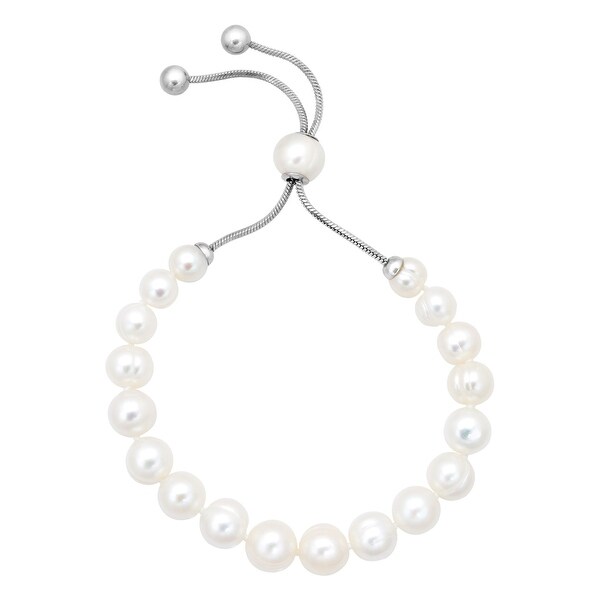 Honora 7-10 mm Freshwater White Pearl Bolo Bracelet with Slider in Stainless Steel